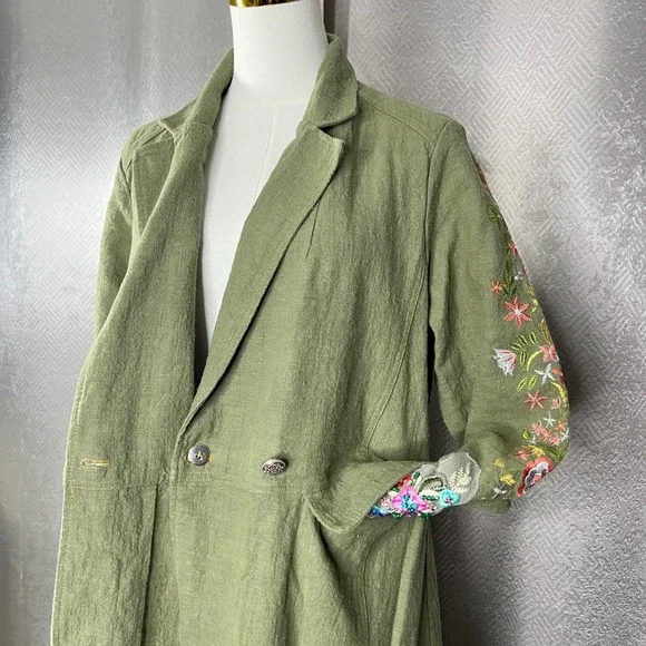 Aratta Silent Journey Olive Green Embroidered Ramie Duster Coat XL ED22J642 - Picture 6 of 13
